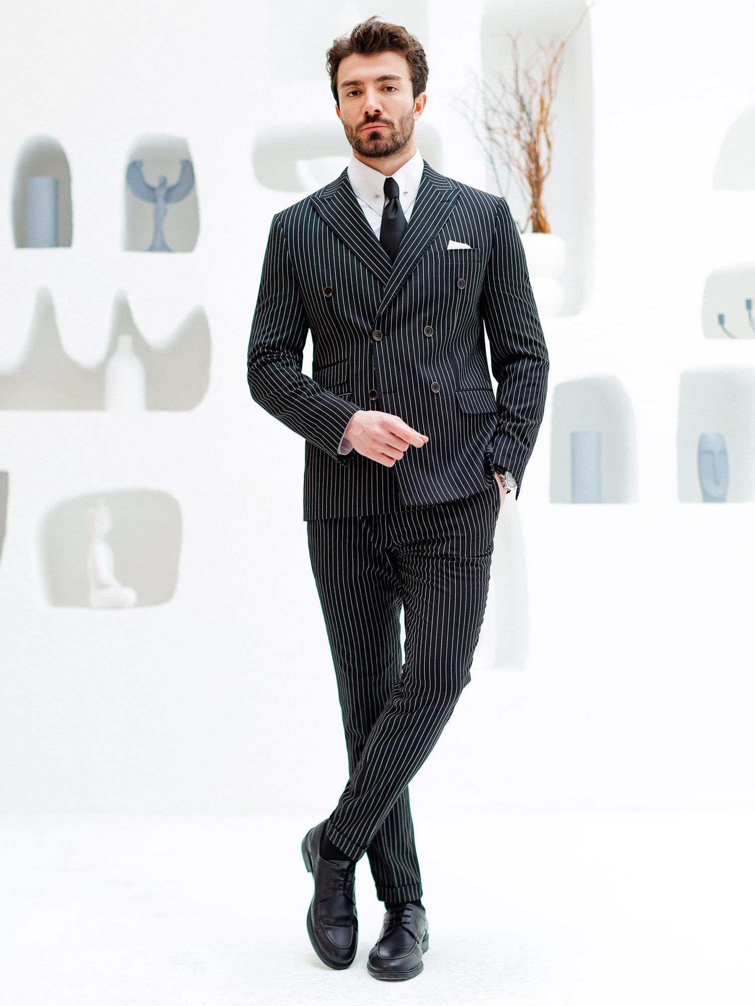 Black Striped Double Breasted Suit 2-Piece VIOSSI