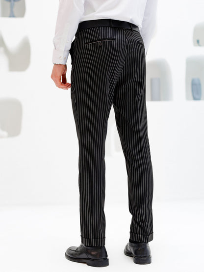 Black Striped Mid Waist Slim-Fit Pants VIOSSI