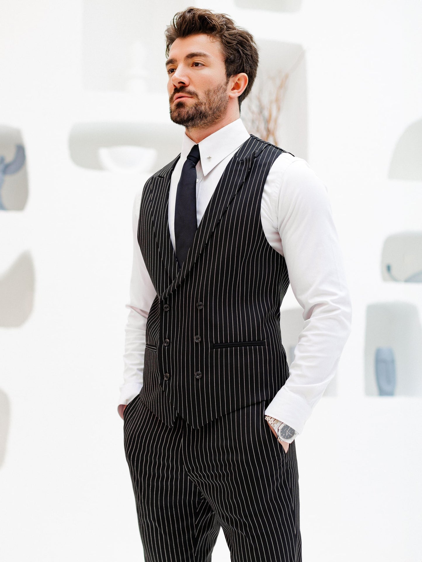 Black Striped Slim-Fit Suit 3-Piece VIOSSI