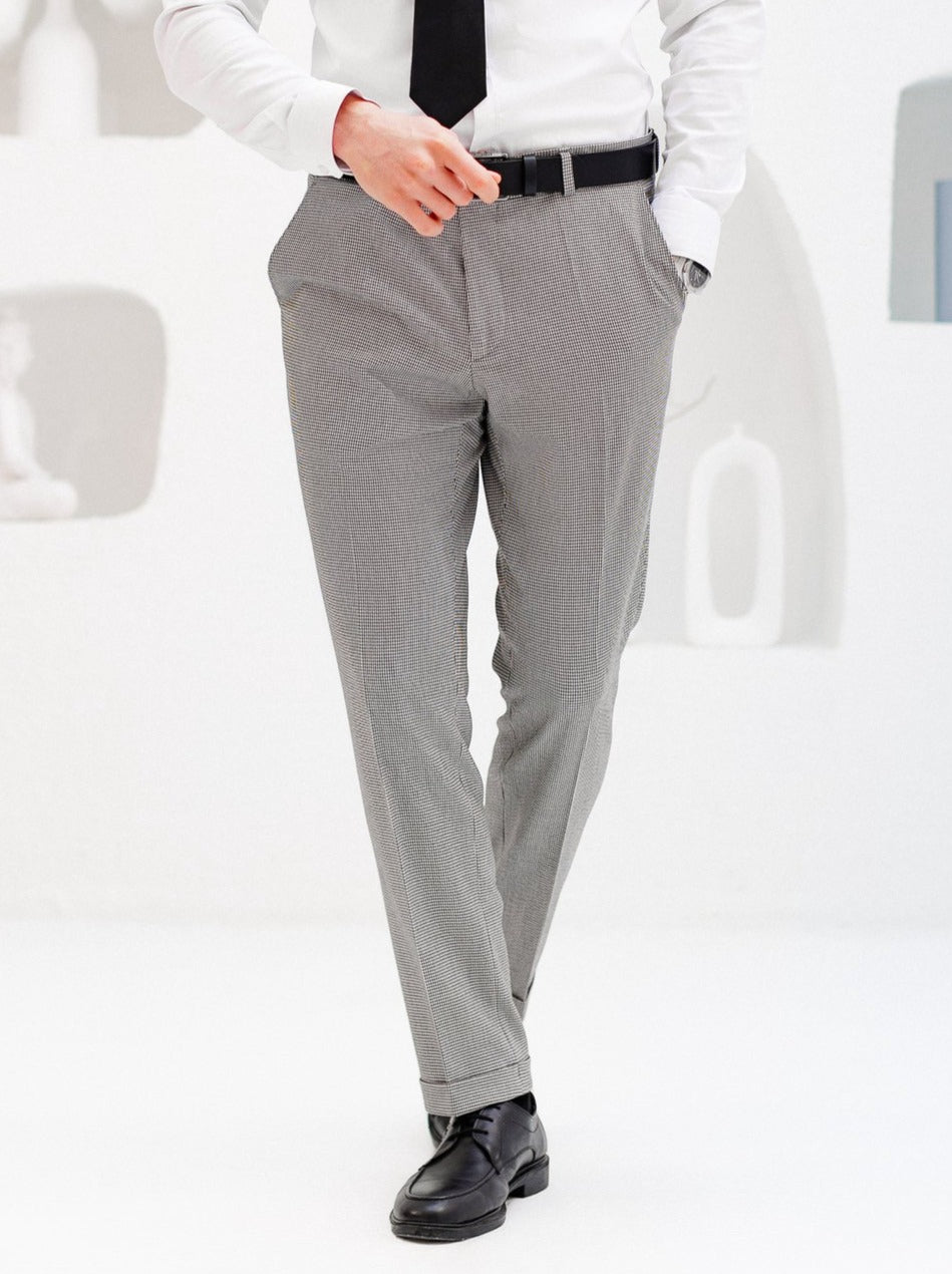 White Houndstooth Mid Waist Slim-Fit Pants VIOSSI