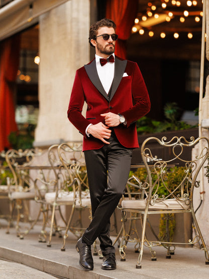 Bordeaux Velvet Slim-Fit Tuxedo 3-Piece - BRABION