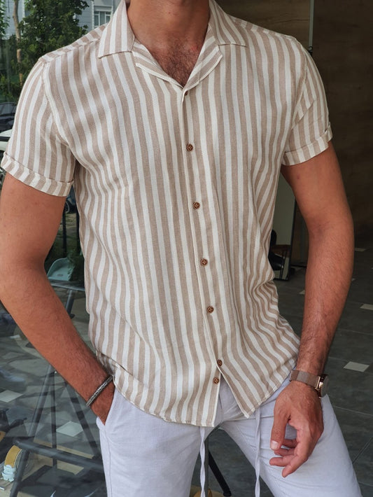 Brabion Capani Ecru Slim Fit Striped  Collar Shirt