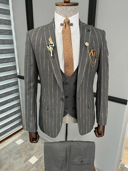 Fremont Gray Brown Slim Fit Peak Lapel Striped Suit