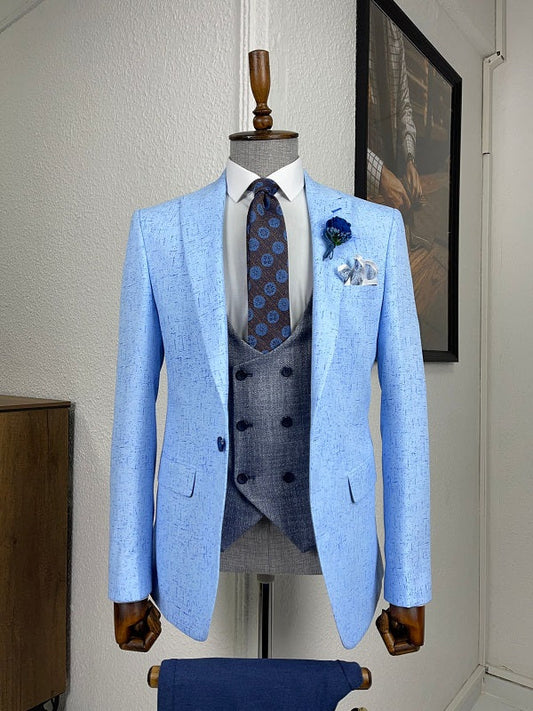 Daroni Blue Slim Fit Patterned Linen Suit