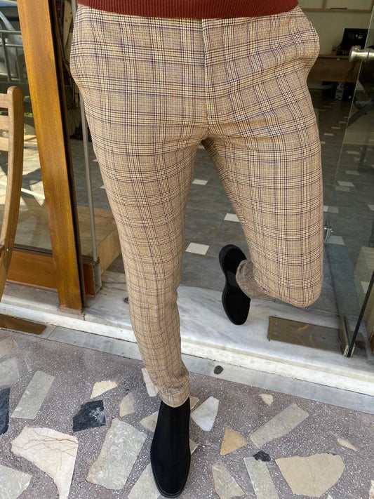 Frezo Beige Slim Fit Plaid Pants-baagr.myshopify.com-Pants-BOJONI