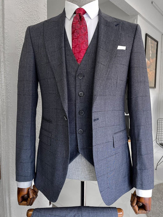 Louis Navy Blue Slim Fit Peak Lapel Plaid Wool Suit