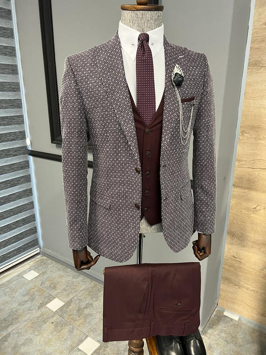 Fremont Burgundy Slim Fit Peak Lapel Patterned Suit