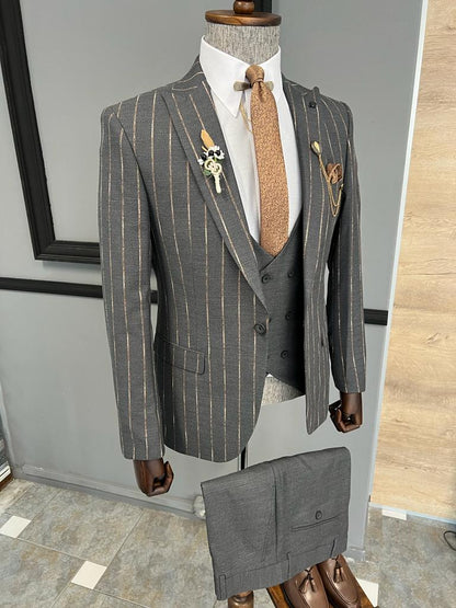 Fremont Gray Brown Slim Fit Peak Lapel Striped Suit