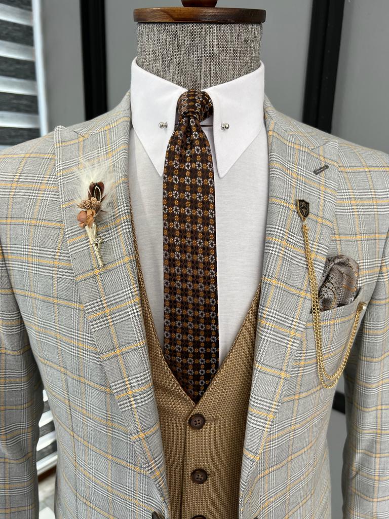 Fremont Camel Gray Slim Fit Peak Lapel Check Suit