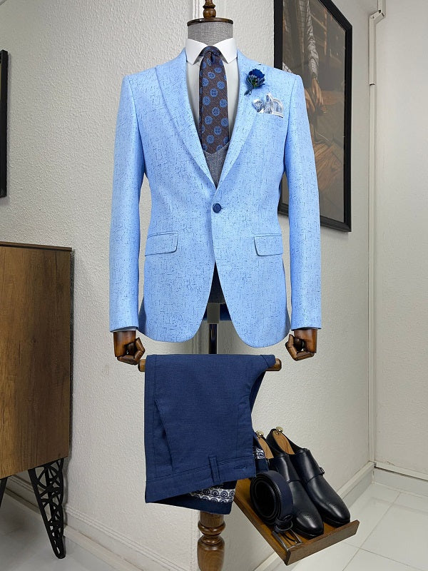 Daroni Blue Slim Fit Patterned Linen Suit