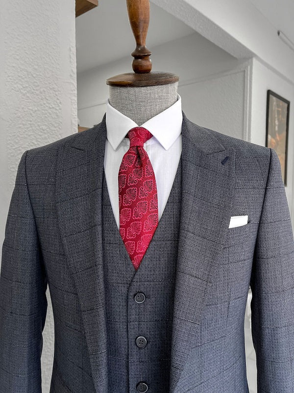 Louis Navy Blue Slim Fit Peak Lapel Plaid Wool Suit