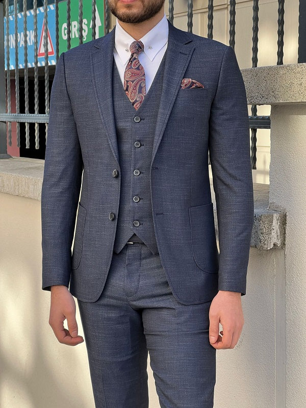 Perris Navy Blue Slim Fit Notch Lapel Wool Suit