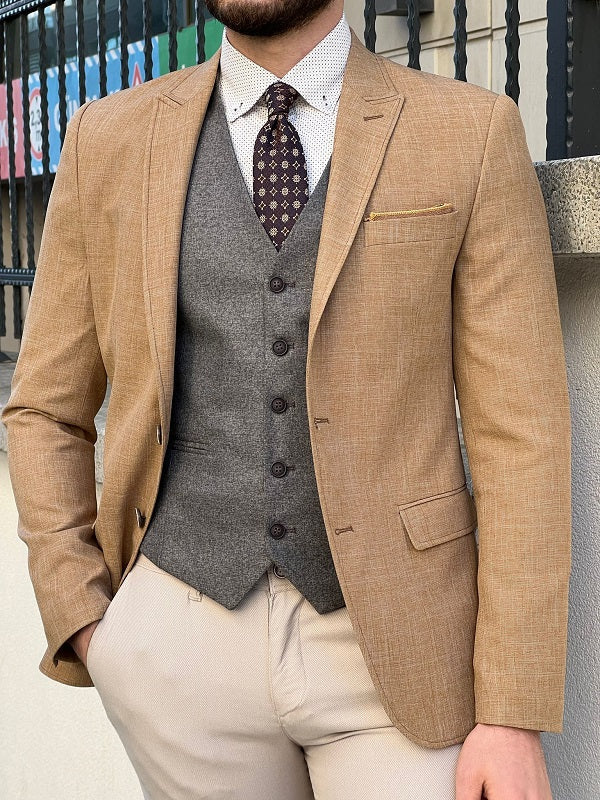 Perris Light Brown Slim Fit Peak Lapel Linen Suit