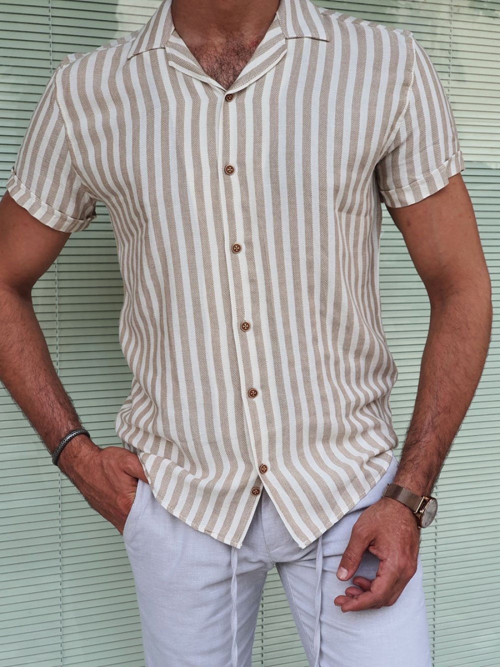 Capani Ecru Slim Fit Striped  Collar Shirt