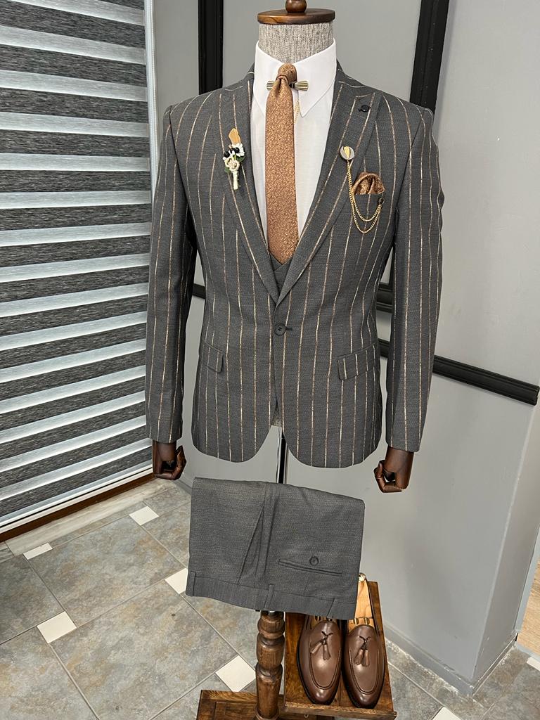 Fremont Gray Brown Slim Fit Peak Lapel Striped Suit