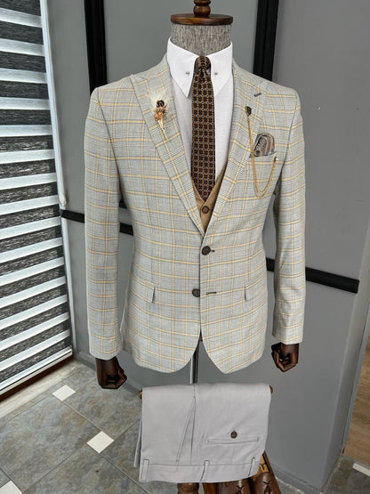 Fremont Camel Gray Slim Fit Peak Lapel Check Suit
