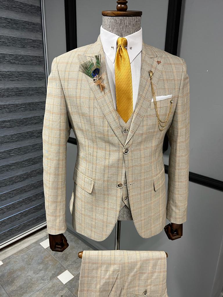 Fremont Camel Slim Fit Peak Lapel Plaid Suit