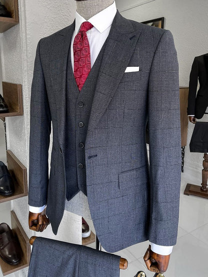 Louis Navy Blue Slim Fit Peak Lapel Plaid Wool Suit