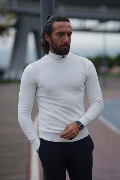 Stefano Slim Fit Custom Design Half Turtleneck White Sweater