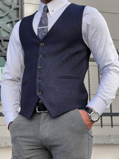 Stefano Slim Fit Navy Blue Woolen Vest