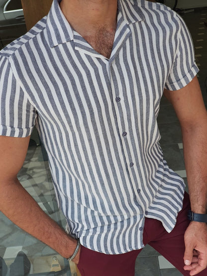 Capani Navy Blue Slim Fit Striped Collar Shirt