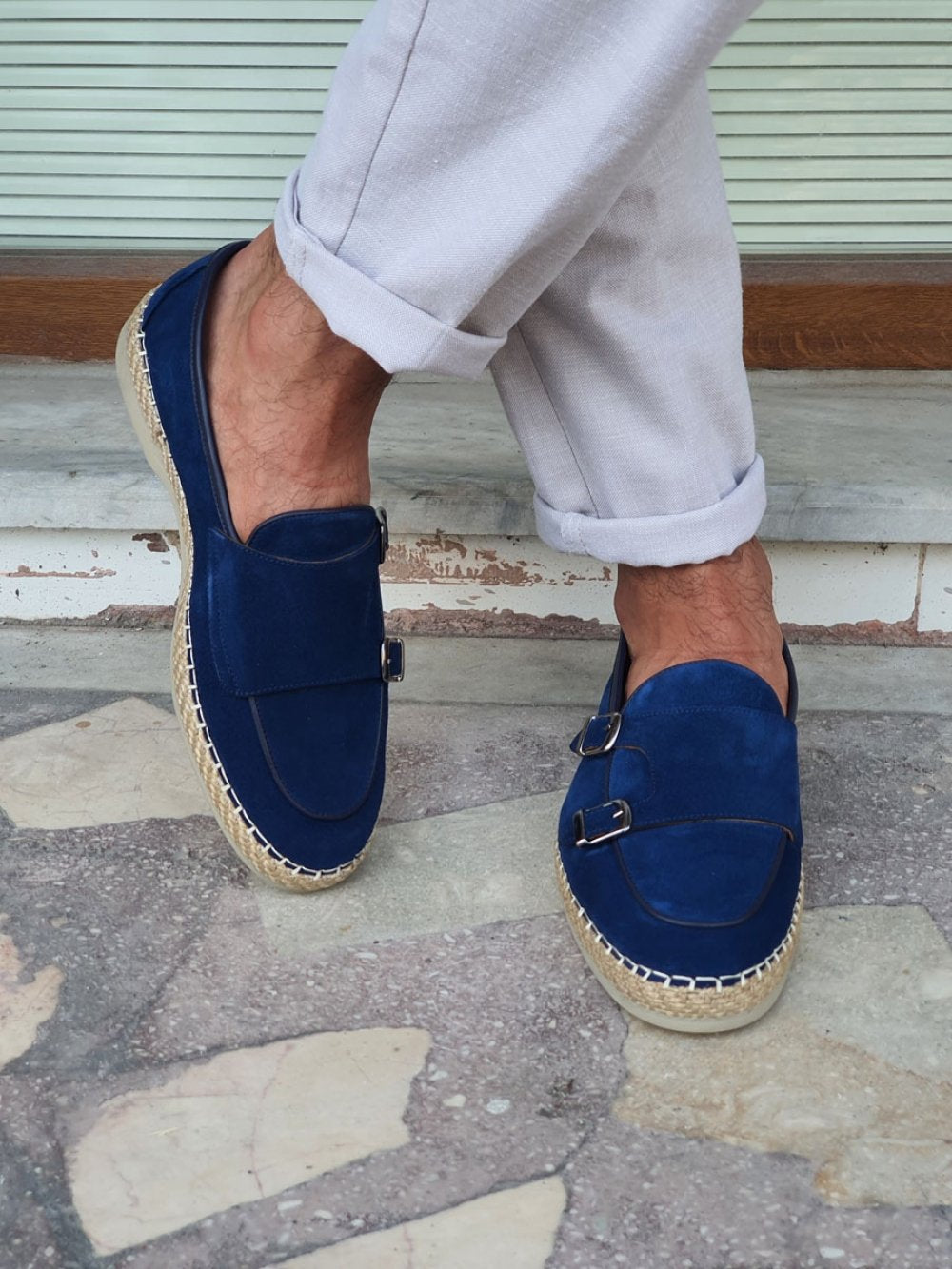 Kurni Blue Double Buckled Suede Leather Shoes