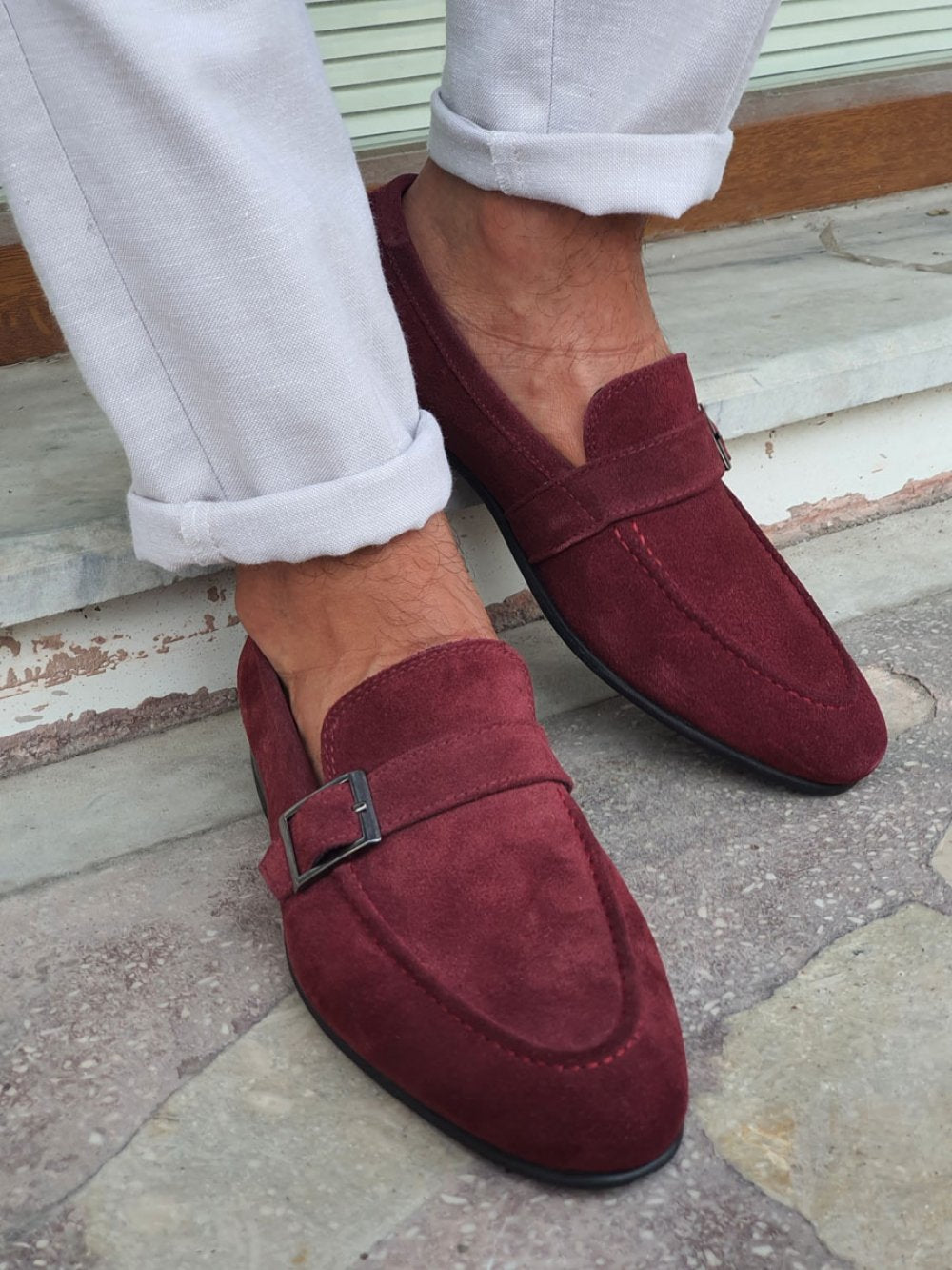 Elegant Henderson Claret Red Suede Buckle Loafers for Versatile Style BRABION