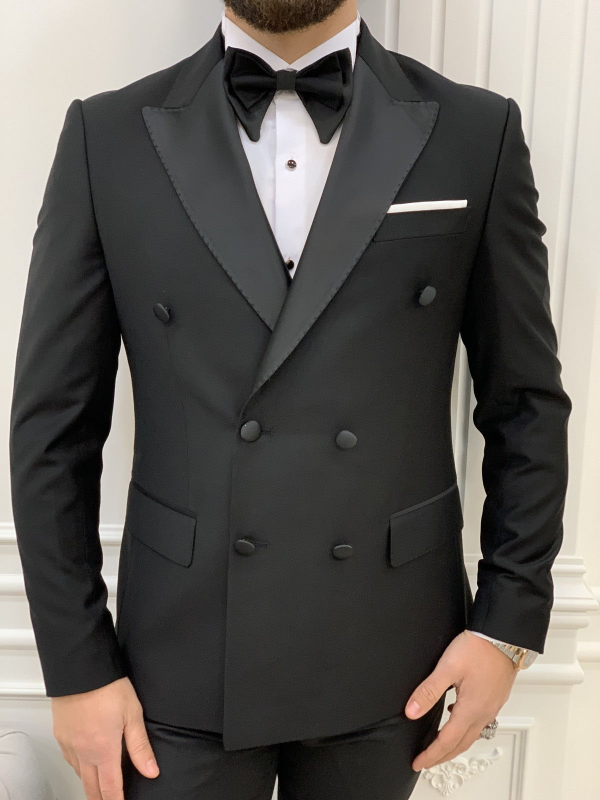 Royal Dom  Black Double Breasted Slim Fit Tuxedo