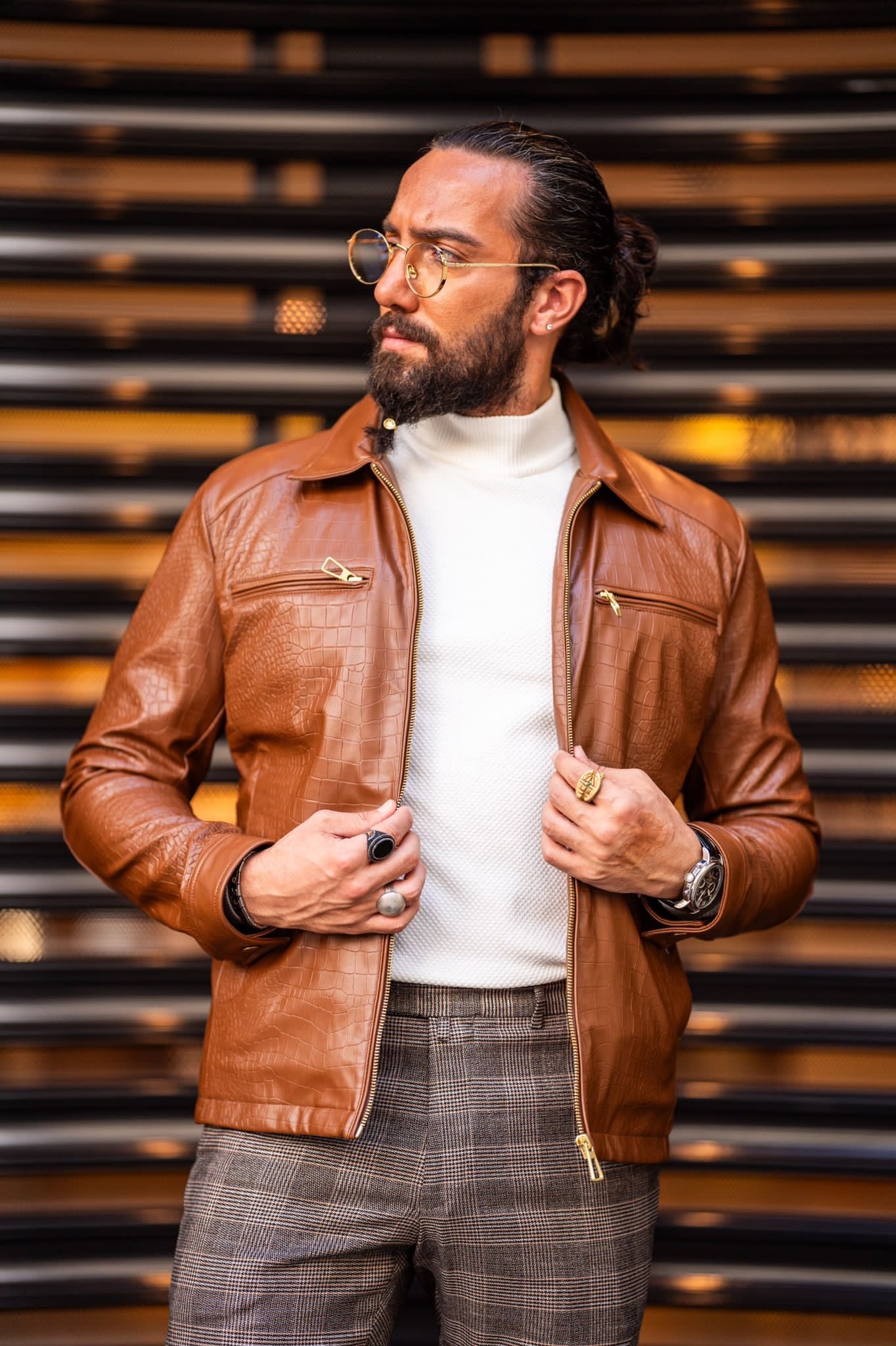Mateo Slim Fit Tan Patterned Leather Coat