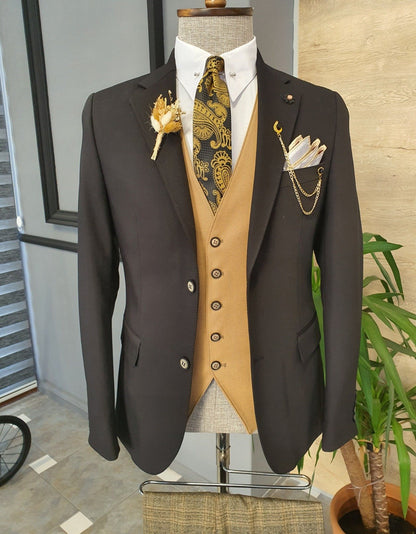 Giotto Black Beige Slim Fit Notch Lapel Linen Suit