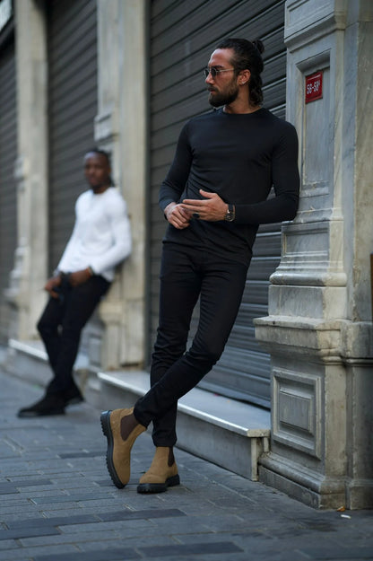Stefano Slim Fit Custom Design Round Neck Black Sweaters