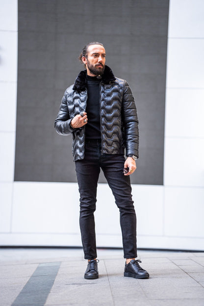 Mateo Slim Fit Black Self-Printed Fur Detail Coat