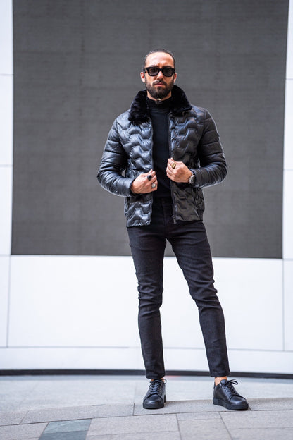 Mateo Slim Fit Black Self-Printed Fur Detail Coat