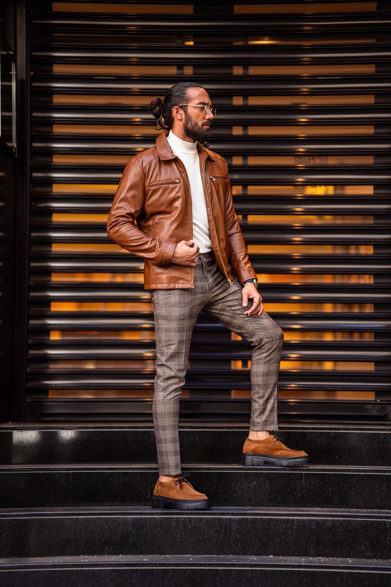 Mateo Slim Fit Tan Patterned Leather Coat