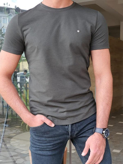Lerno Khaki Slim Fit Round Neck T-Shirt