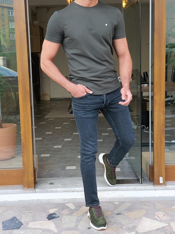 Lerno Khaki Slim Fit Round Neck T-Shirt