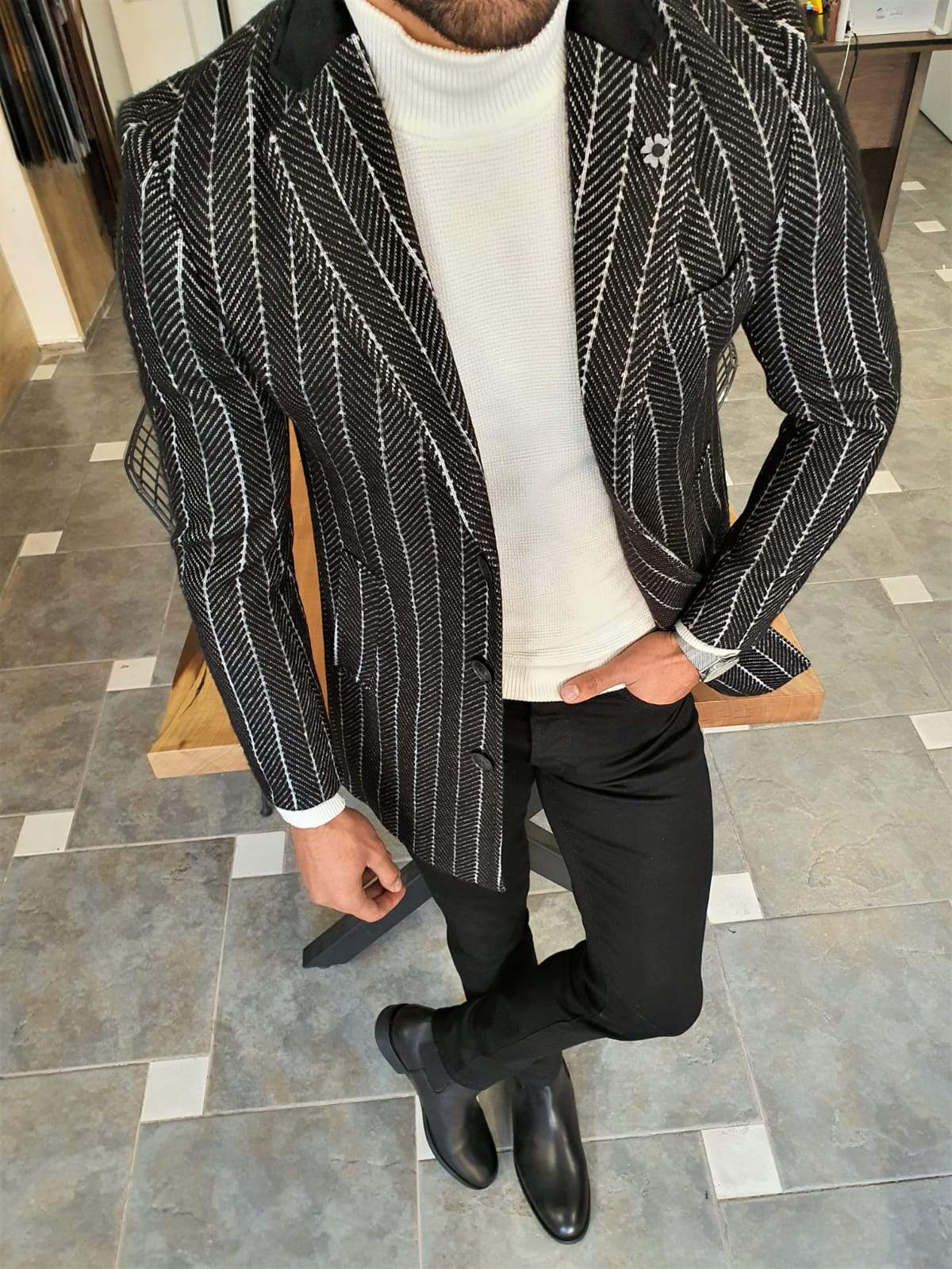 Paruri Black Slim Fit Striped Wool Long Coat – BRABION