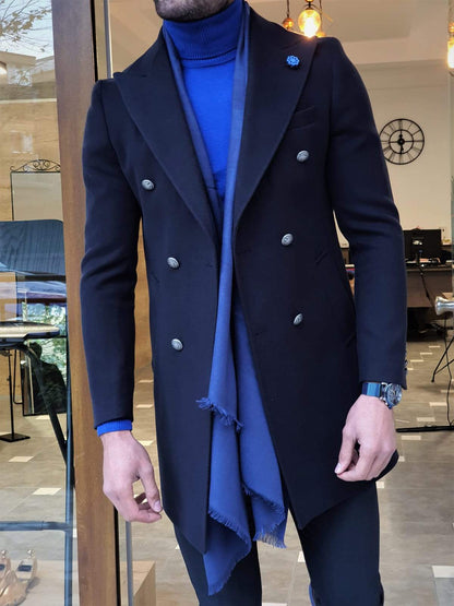 Paruri Navy Blue Slim Fit Wool Long Coat