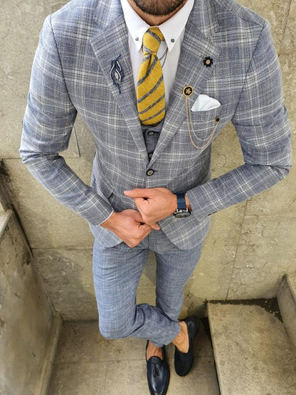 Verno Original Light Blue Slim Fit Plaid Suit