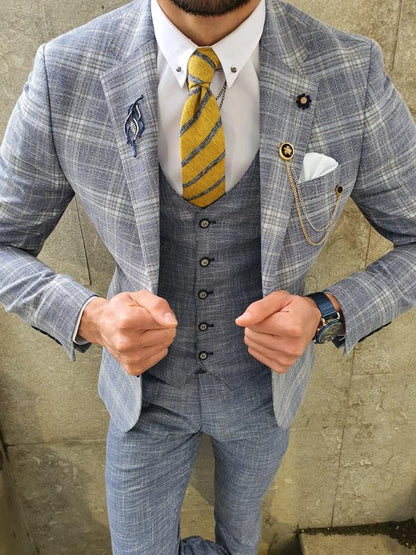 Verno Original Light Blue Slim Fit Plaid Suit