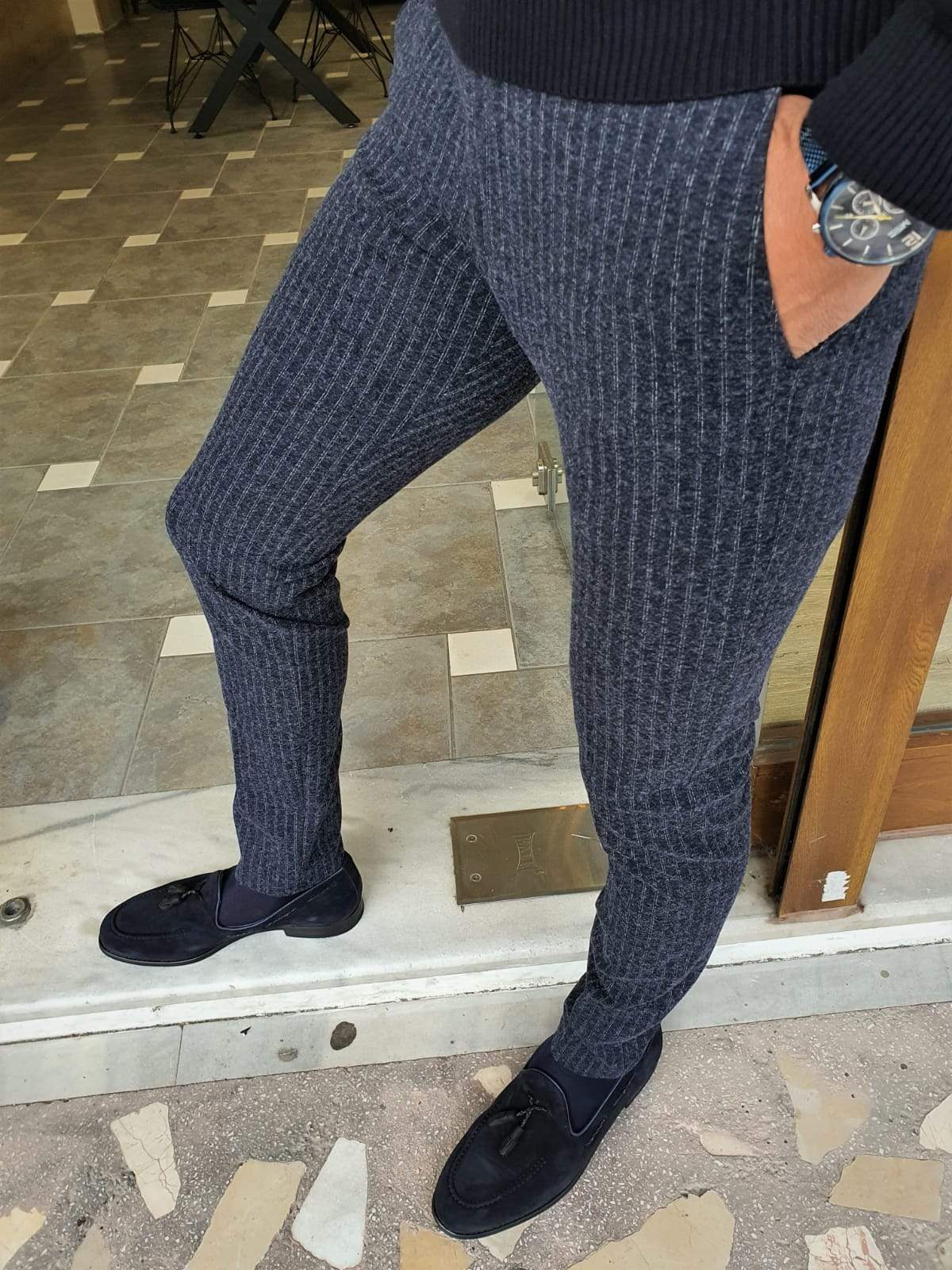 Paruri Navy Blue Slim Fit Striped Pants