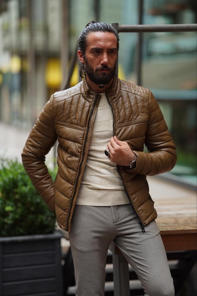 Avion Slim Fit Brown Faux Leather Puffer Jacket
