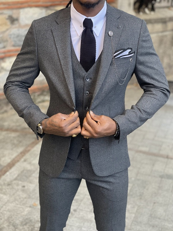 Argo Dark Gray Slim Fit Notch Lapel Wool Suit