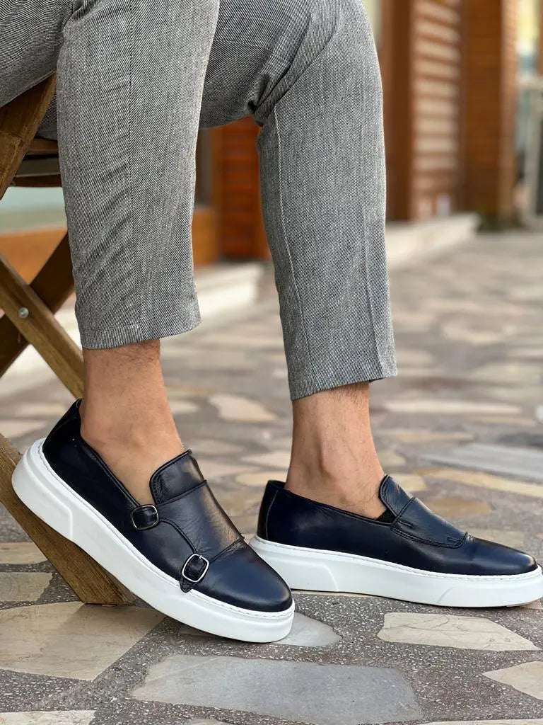 Edmond Navy Blue Double Monk Strap Casual Shoes for Elegant Style and Comfort BRABION Edmond Navy Blue Double Monk Strap Casual Shoes for Elegant Style and Comfort BRABION