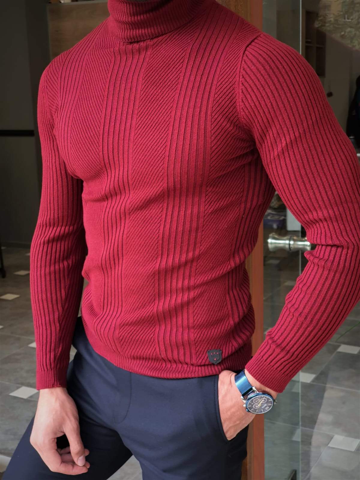 Elko Claret Red Slim Fit Striped Turtleneck Wool Sweater