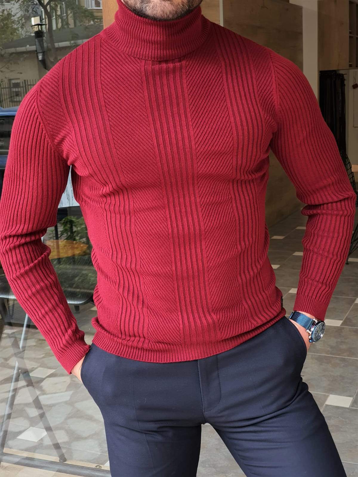 Elko Claret Red Slim Fit Striped Turtleneck Wool Sweater