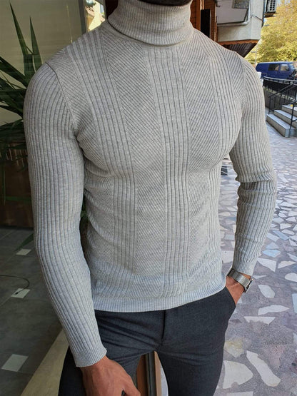 Elko Gray Slim Fit Striped Turtleneck Wool Sweater