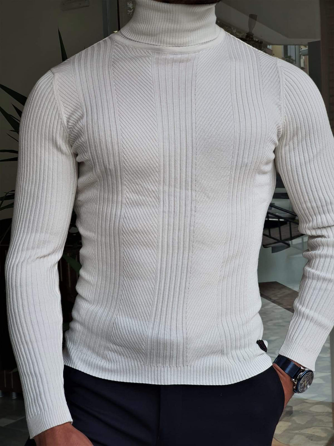 Elko White Slim Fit Striped Turtleneck Wool Sweater – BRABION