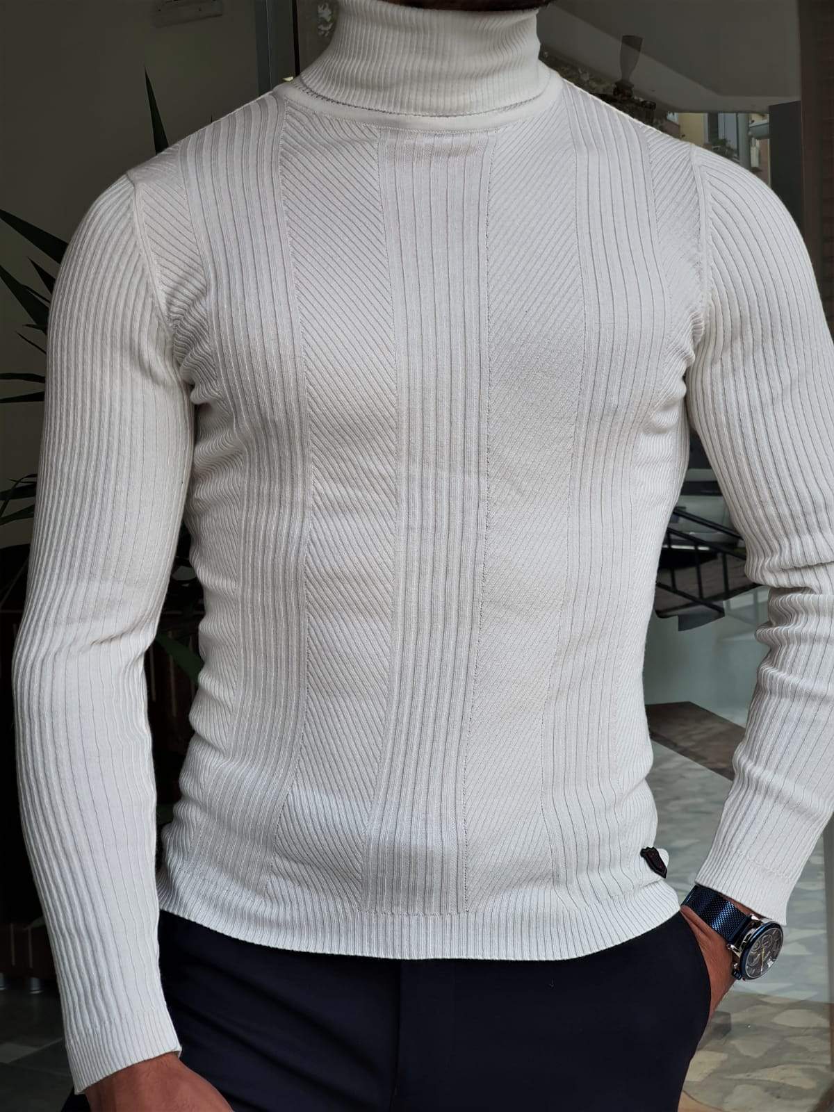 Elko White Slim Fit Striped Turtleneck Wool Sweater