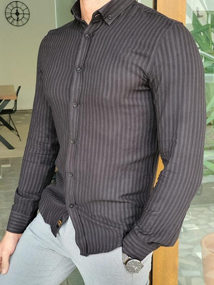 Mantova Black Slim Fit Long Sleeve Striped Cotton Shirt
